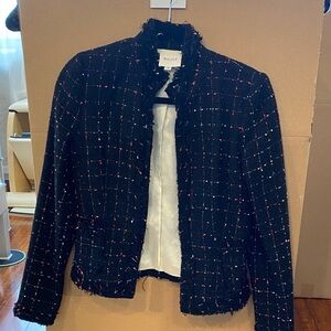 WALTER Black Tweed Fringe Open-Front Jacket with Pink Threading